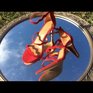 Three Strap Scallop Suede Heels